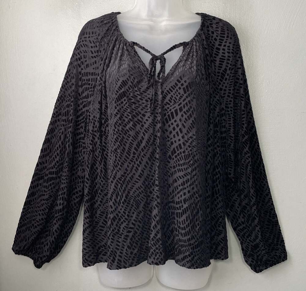 Black Burnout Velvet Peasant Top Size Large Semi Sheer Dark Romantic Whimsigoth